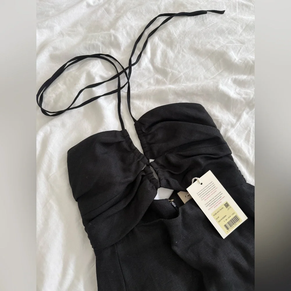 Sezane Pearl Dress Linen Black Cutout Strap Midi - Picture 8 of 10